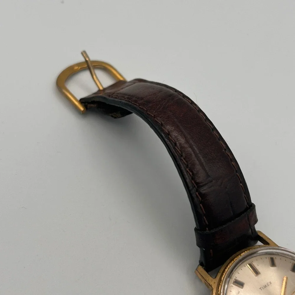 Vtg‎ Timex Electric Mens Watch Gold Tone Champagne Dial Brown Leather FOR REPAIR